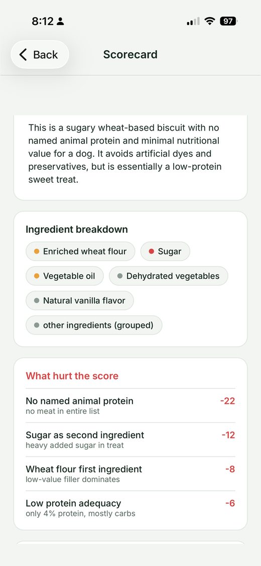 A breakdown listing what hurt a product's score: no named animal protein, sugar as the second ingredient, wheat flour first